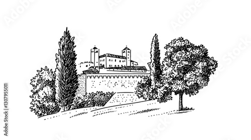 Engraved illustration showcasing a tranquil hillside castle surrounded by lush trees and serene landscapes