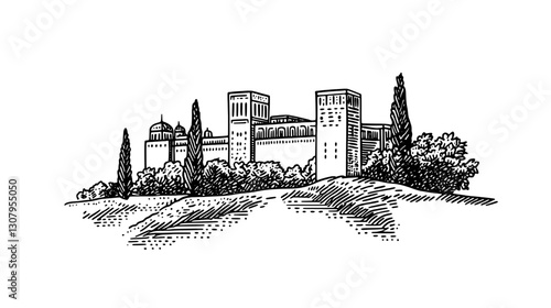 Engraved illustration capturing a majestic palace surrounded by lush greenery, set against a serene landscape during twilight