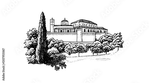 Engraved illustration of a historic fortress surrounded by trees and cypress, evoking timeless beauty and artistic expression