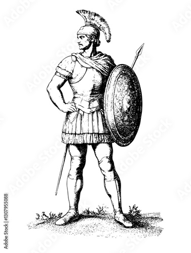 Engraved illustration of a valiant warrior adorned in armor and uniform, ready for battle with confidence and valor