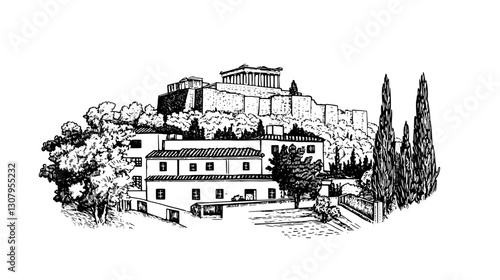 Intricate vector engraving showcasing ancient ruins and serene village life beneath a majestic hilltop with historical significance