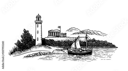 Mystical coastal landscape featuring a lighthouse, a classic sailing boat, and mountains under a serene sky at twilight