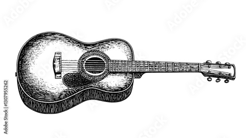 Intricate engraved illustration of a classic acoustic guitar designed for tattoo art enthusiasts and music lovers
