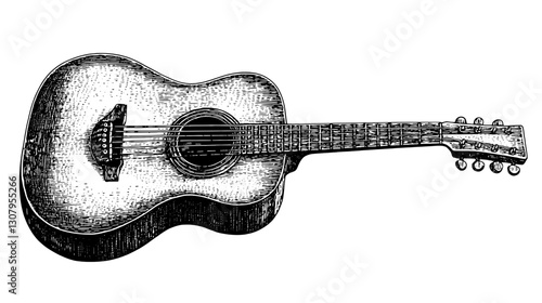 Engraved illustration of a classic acoustic guitar showcasing intricate details in tattoo art style