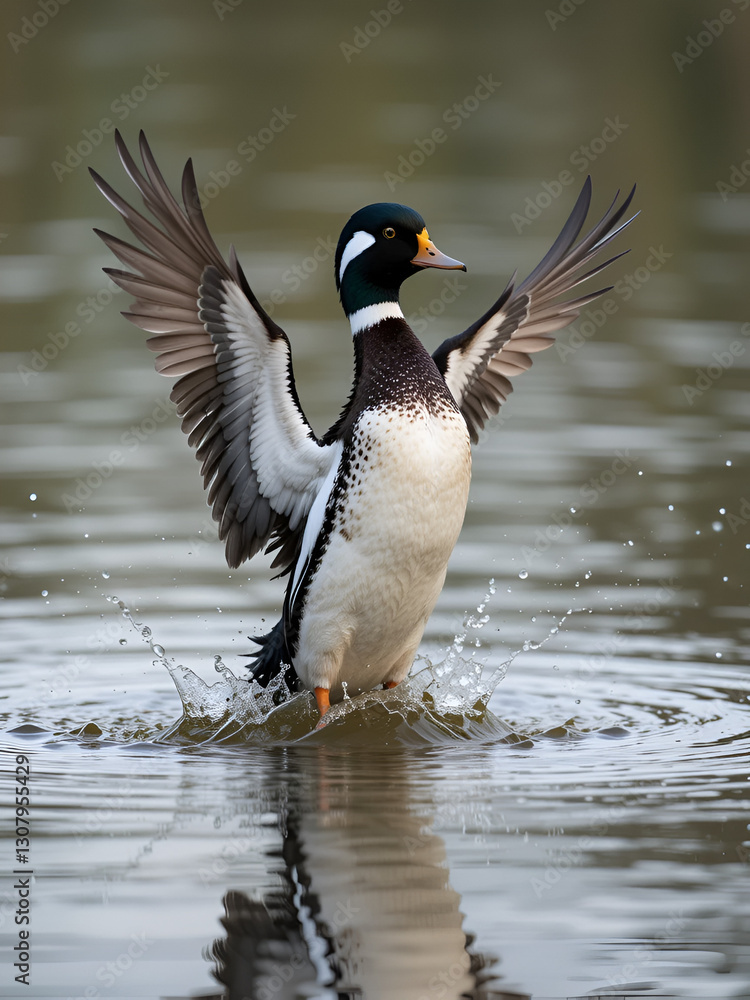 A photo showcasing a bufflehead duck dramatically raising out of the water using forced perspective to create a dynamic effect, bird, outdoor, reflection, aquatic bird, jumping, wings A photo showcasing a bufflehead duck dramatically raising out of the water using forced perspective to create a dynamic effect, bird, outdoor, reflection, aquatic bird, jumping, wings