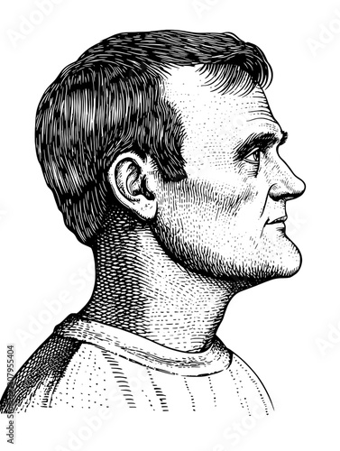 Engraved illustration of a contemplative profile portrait showcasing detailed facial features and textures