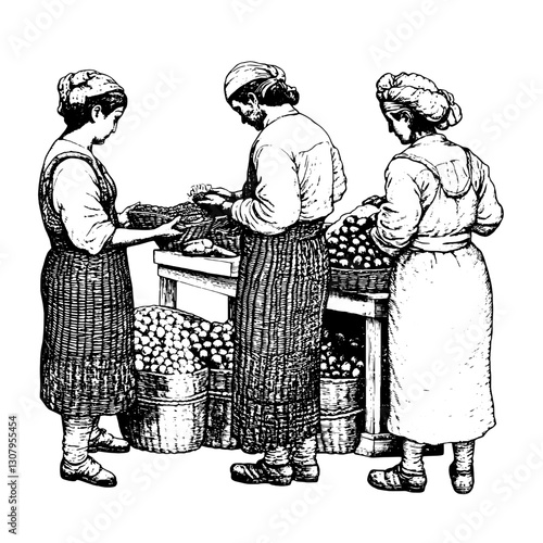 Engraved illustration depicting women engaged in agricultural work sorting fruits and vegetables in a rustic setting