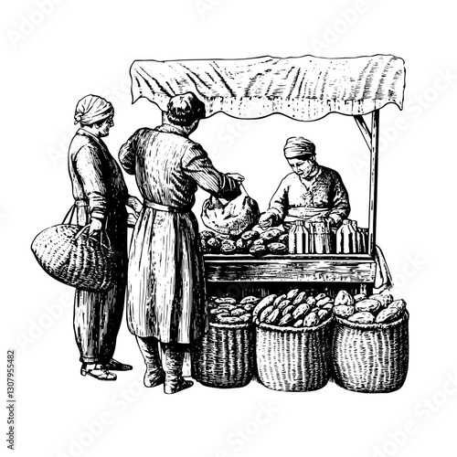 Engraved illustration of a bustling market stall with vendors and customers trading fresh produce and baked goods in historical setting