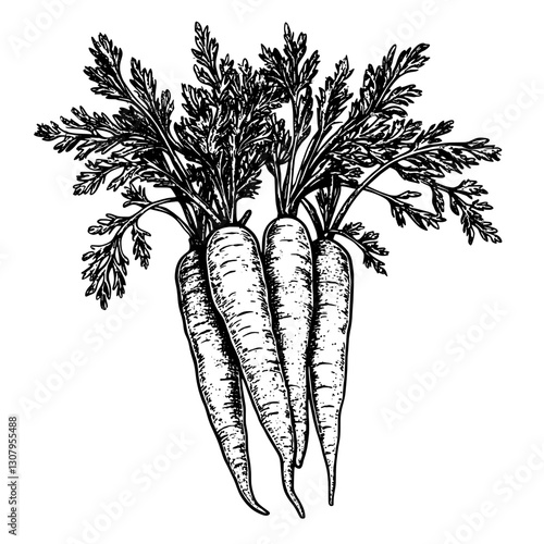 Intricate engraving of fresh carrots with lush green tops, capturing the essence of natural abundance and rustic charm