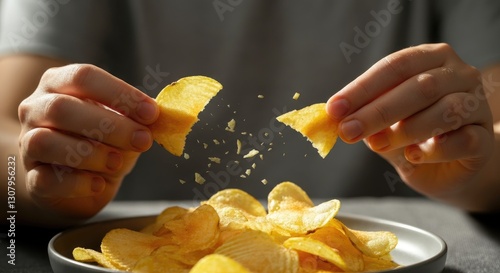 Person breaking potato chip over bowl of more chips