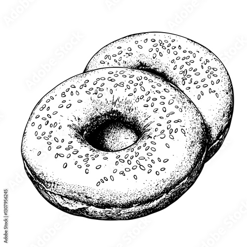 Delicate engraved illustration of two sesame seed donuts showcasing intricate details and texture in a minimalist style