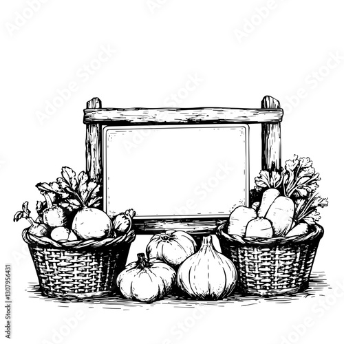 Rustic vegetable market display with woven baskets, fresh produce, and a blank sign for custom labeling