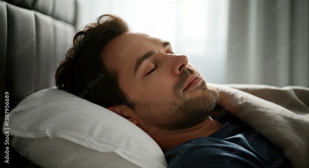Man peacefully sleeping in bed with sunlight Man peacefully sleeping in bed with sunlight