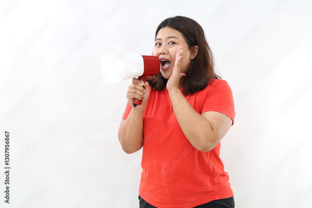 Asian woman screaming while holding megaphone with two hands making announcement Asian woman screaming while holding megaphone with two hands making announcement