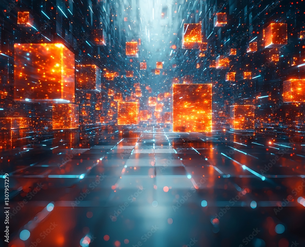 Obraz premium Abstract digital space with floating cubes on a white gradient background featuring a central cluster emitting orange light with blue and red shadows