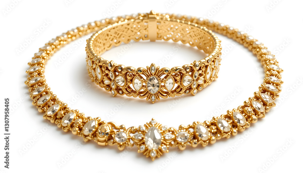 Set of gold necklaces and bracelets with diamond embellishments, representing wealth, fashion, and fine craftsmanship. Set of gold necklaces and bracelets with diamond embellishments, representing wealth, fashion, and fine craftsmanship.