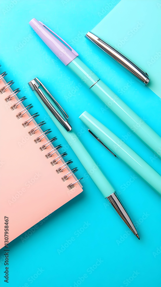 Pastel Pens and Notebook on Aqua Background - Flat Lay Illustration Pastel Pens and Notebook on Aqua Background - Flat Lay Illustration