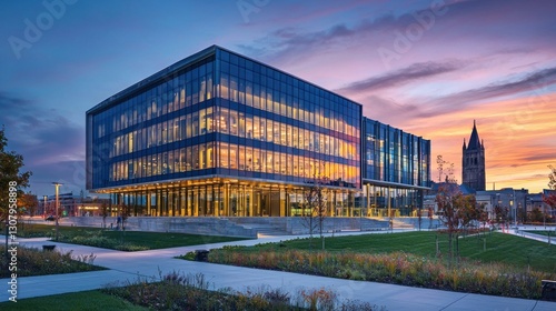 Modern glass building at sunset, campus scene.
