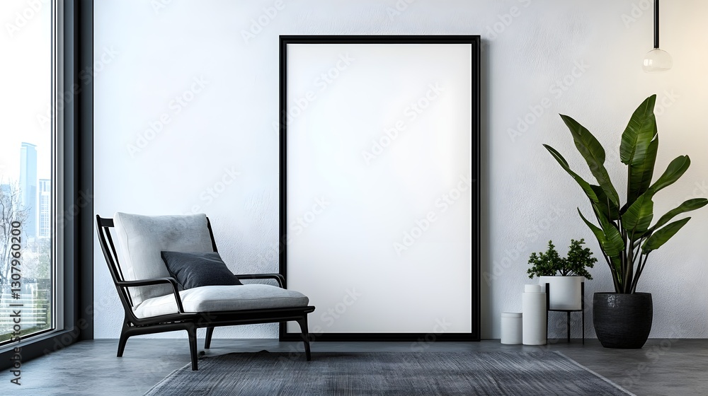 Blank white poster mockup in a cozy bedroom. 3D rendering Blank white poster mockup in a cozy bedroom. 3D rendering