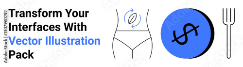 Minimalist vector visuals of a torso with fitness arrows, blue dollar coin, and fork. Ideal for wellness, fitness apps, diet plans, finances, UI design, health blogs and flat landing page banner