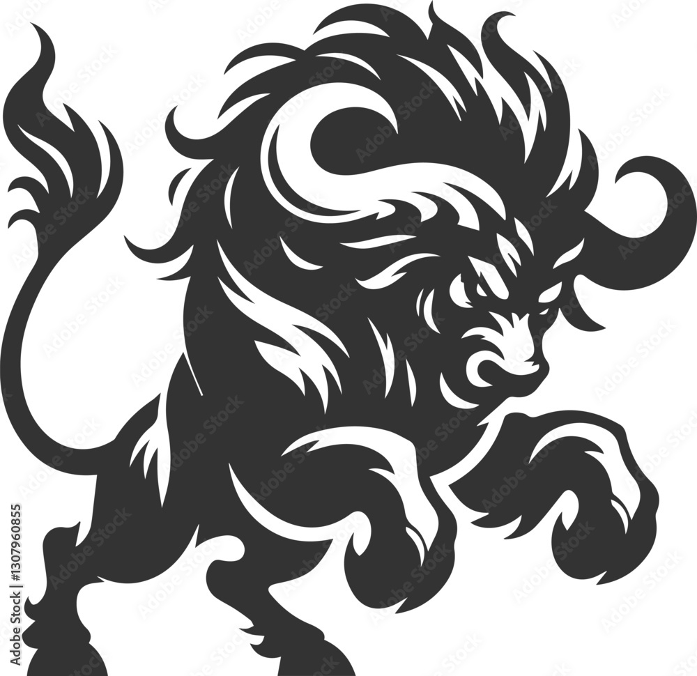Fototapeta premium A buffalo with exaggerated horns, twisting its body in anger animal vector silhouette