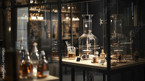 Elegant glassware collection displayed in a dimly lit showcase