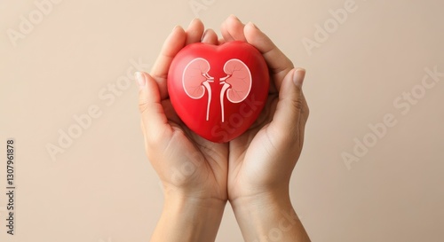 Hands holding red heart with kidney illustration, health concept
