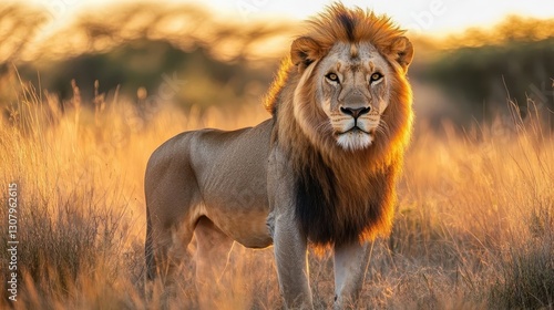 Wallpaper Mural Lion in the savanna, golden sunlight illuminating its mane Torontodigital.ca