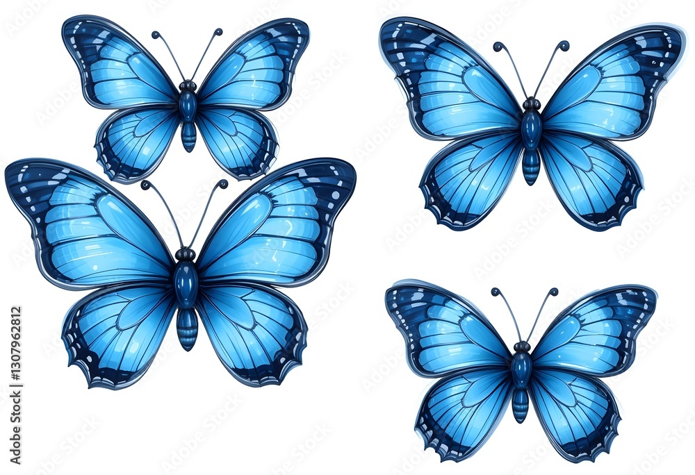 Set of blue butterflies in different positions, isolated on white. Vibrant and playful design for children's graphics. Set of blue butterflies in different positions, isolated on white. Vibrant and playful design for children's graphics.
