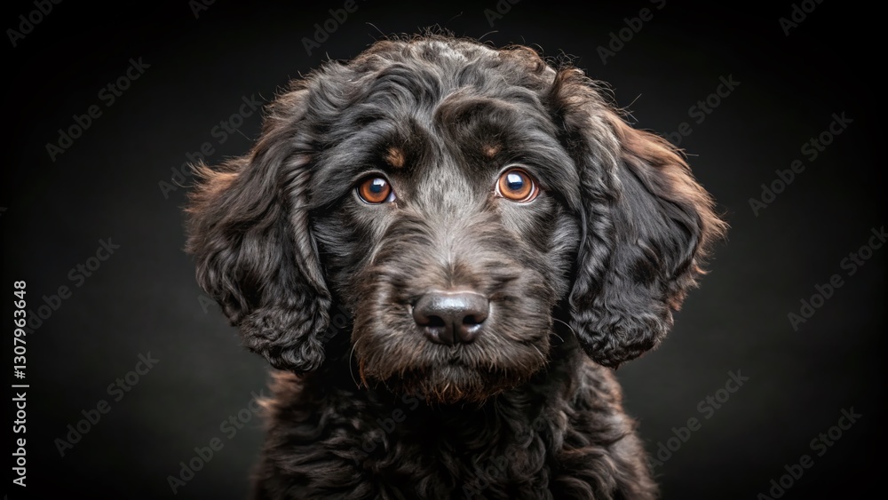 Adorable Black Labradoodle Puppy, Curious Gaze, Isolated on Black Background Adorable Black Labradoodle Puppy, Curious Gaze, Isolated on Black Background