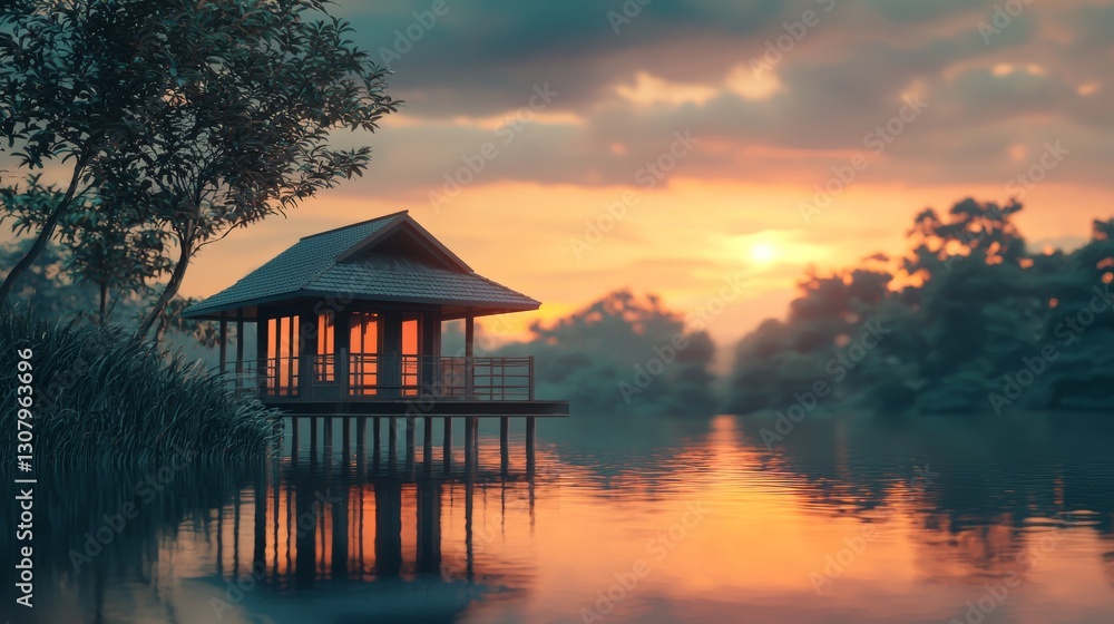 Fototapeta premium Tranquil lake view with a wooden hut at sunset