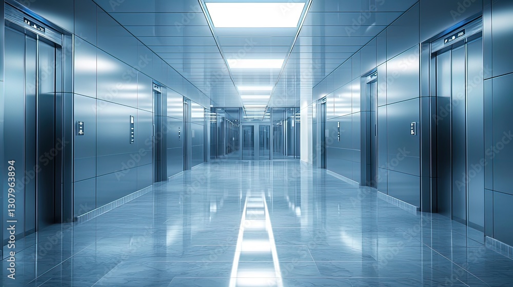 Modern building interior with shiny metal elevator doors and polished floor. Modern building interior with shiny metal elevator doors and polished floor.