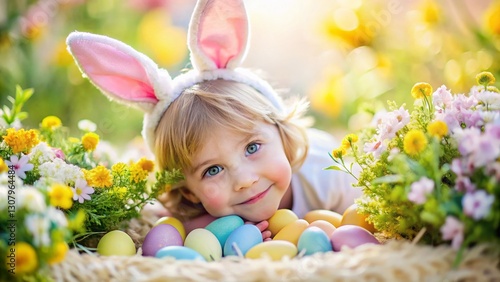 Adorable Bunny-Eared Child Celebrating Easter: Macro Photography of Joyful Spring Festivities
