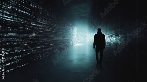 Unknown silhouette man walking through a digital corridor with data streams wall, technology concept