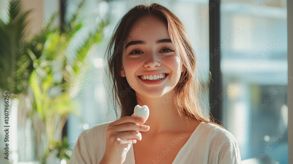 Dental hygiene concept with woman holding tooth Dental hygiene concept with woman holding tooth