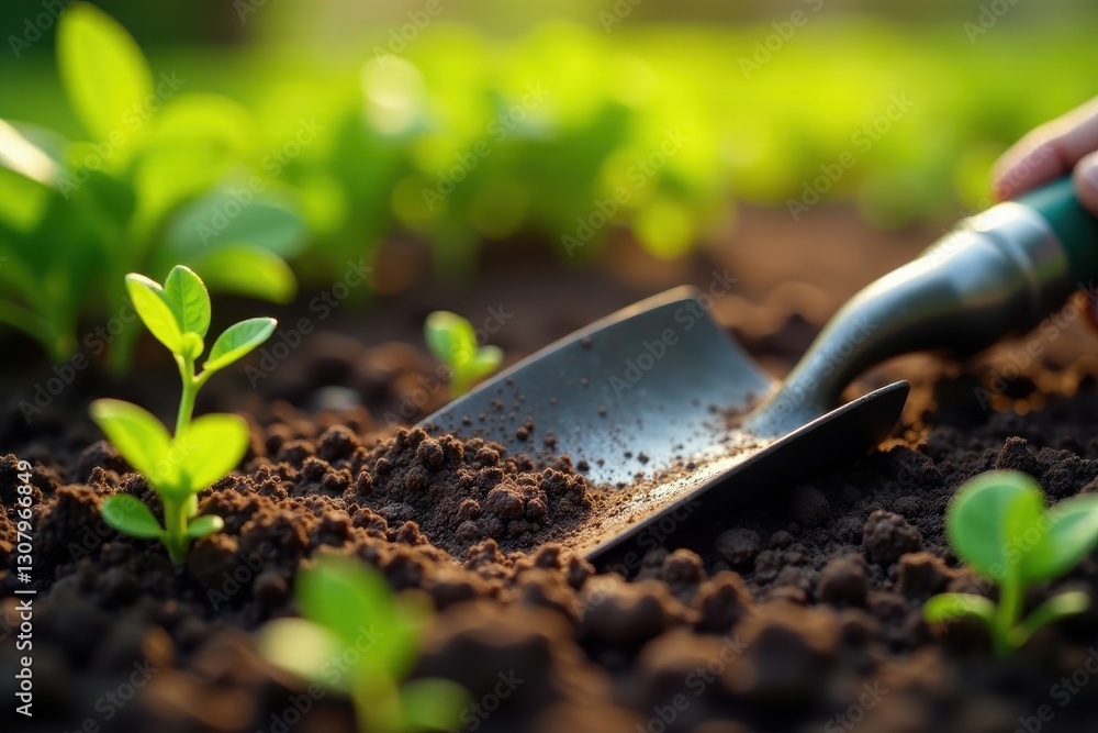 Close-up of gardening tools resting on rich soil amidst thriving plants, sunlight illuminating scene , trowel, hoe, soil Close-up of gardening tools resting on rich soil amidst thriving plants, sunlight illuminating scene , trowel, hoe, soil