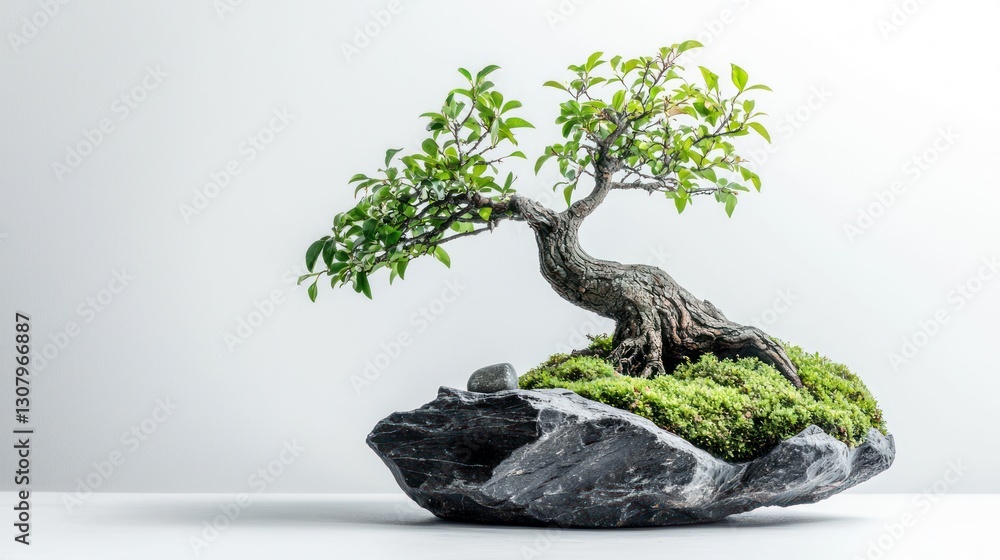Fototapeta premium Miniature bonsai tree on a rock, isolated on white.