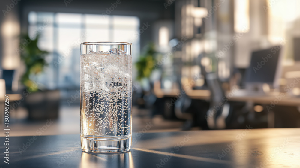Side Angle of a Glass of Sparkling Water on a Desk with a Blurred Office Setting in the Background and Ample Space on the Right for Adding Text or Advertising copy space Side Angle of a Glass of Sparkling Water on a Desk with a Blurred Office Setting in the Background and Ample Space on the Right for Adding Text or Advertising copy space