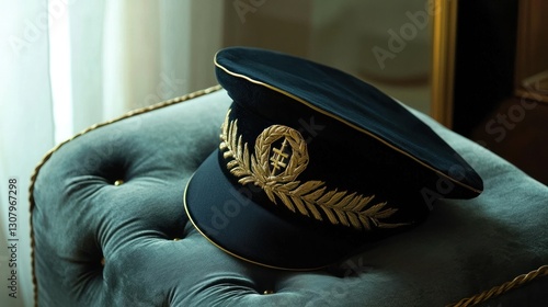 Navy blue peaked cap with gold emblem rests on a velvet chair.