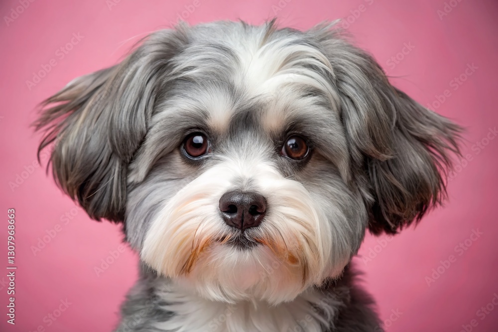 Adorable Gray and White Fluffy Dog Puppy Close-Up Portrait on Pink Background - Pet Photography Adorable Gray and White Fluffy Dog Puppy Close-Up Portrait on Pink Background - Pet Photography