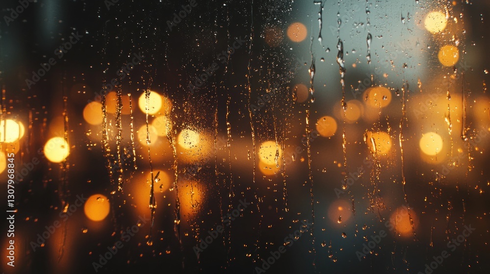 Obraz premium Rainy night city lights blurred through wet window.