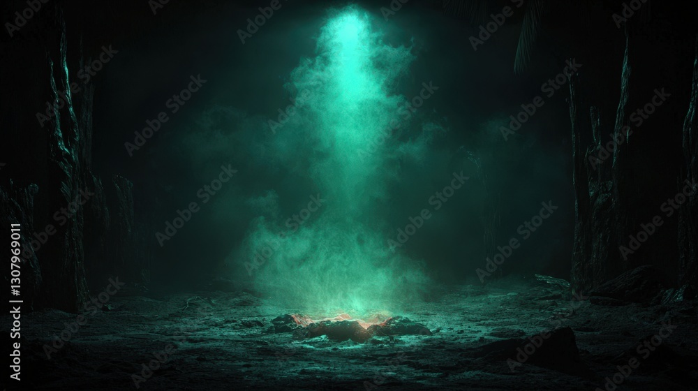 Eerie glowing light illuminates a dark cave with smoke.