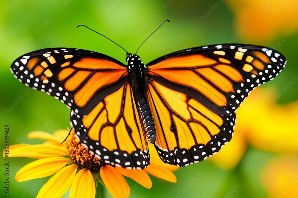 Fototapeta premium Monarch Butterfly on Yellow Flower: A Vibrant Nature Close-Up