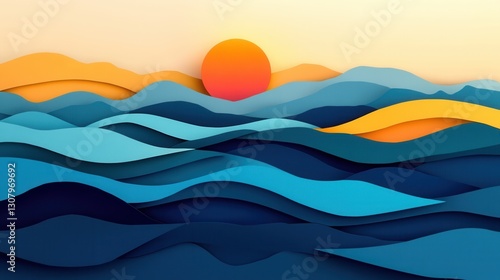 Vibrant paper art landscape featuring layered waves, mountains, and a warm sun creating a dynamic travel inspired design Generative AI photo