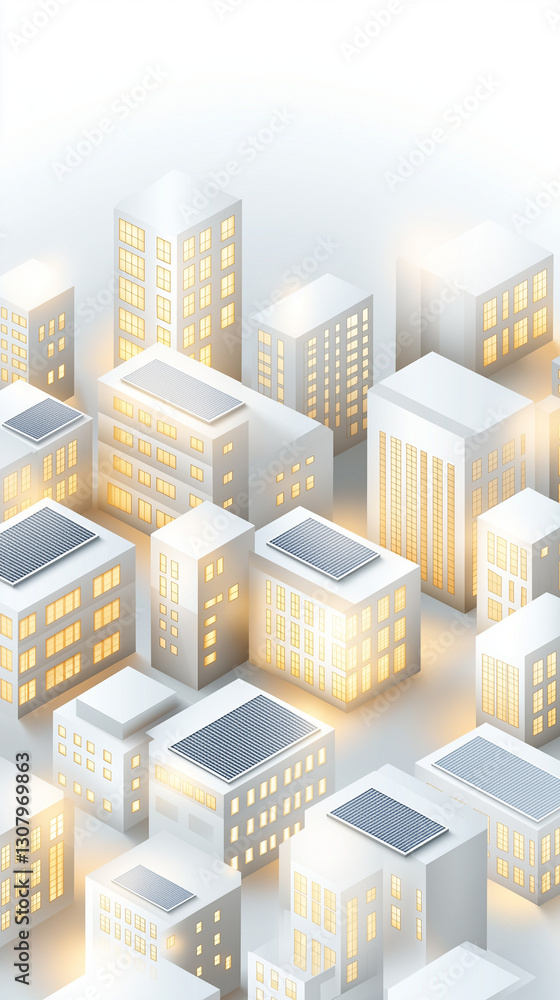 Glowing white buildings with rooftop solar panels illuminating the cityscape at night, showcasing sustainable energy solutions in an isometric perspective Glowing white buildings with rooftop solar panels illuminating the cityscape at night, showcasing sustainable energy solutions in an isometric perspective