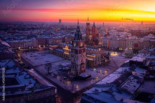 Panorama of snowy Main Square (Saint Mary's Basilica, Sukiennice - Town Hall, Town Hall Tower) in Krakow during magic, winter dawn, Poland