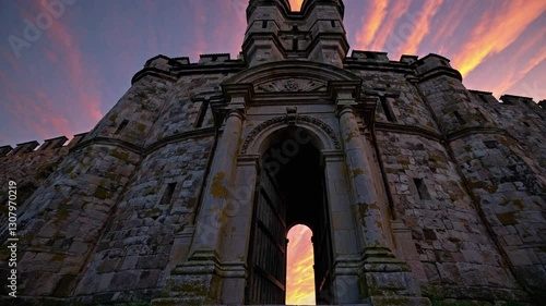 Historic Stone Fortress Entrance – Ancient Archway with Weathered Walls, Iron Gates, and a Timeless Aesthetic Evoking Strength, History, and Architectural Grandeur in a Dramatic Setting
