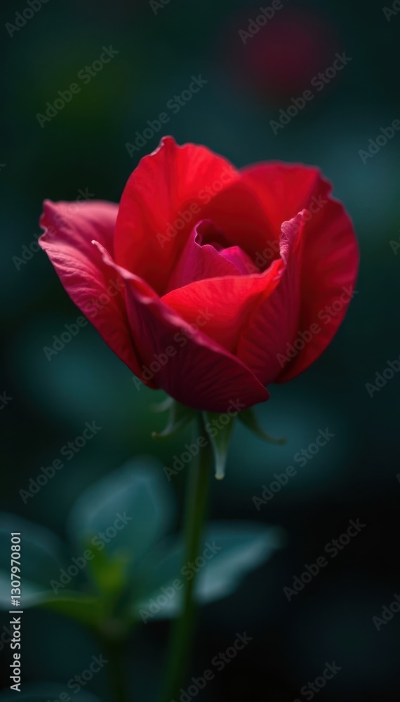 Deep crimson nightbloom, delicate petals unfurl in shadows, night, ancient Deep crimson nightbloom, delicate petals unfurl in shadows, night, ancient