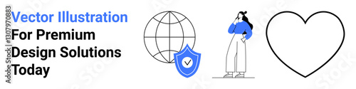 Woman contemplating ideas alongside a globe, shield with checkmark, and heart outline. Ideal for creativity, security, global solutions, individuality, connection, inclusivity flat landing page