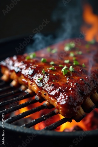 Fall-off-the-bone tender BBQ spare ribs on charcoal grill, bbq sauce, rib rack